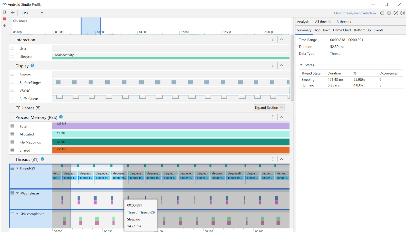 gif demonstrating how AGDE integrates with a standalone version of Android Studio Profilers.