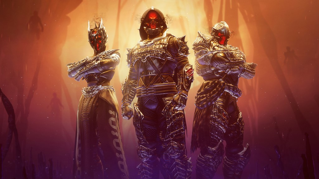 Character art from the game; three figures in shining, spiked armor look down at the camera.