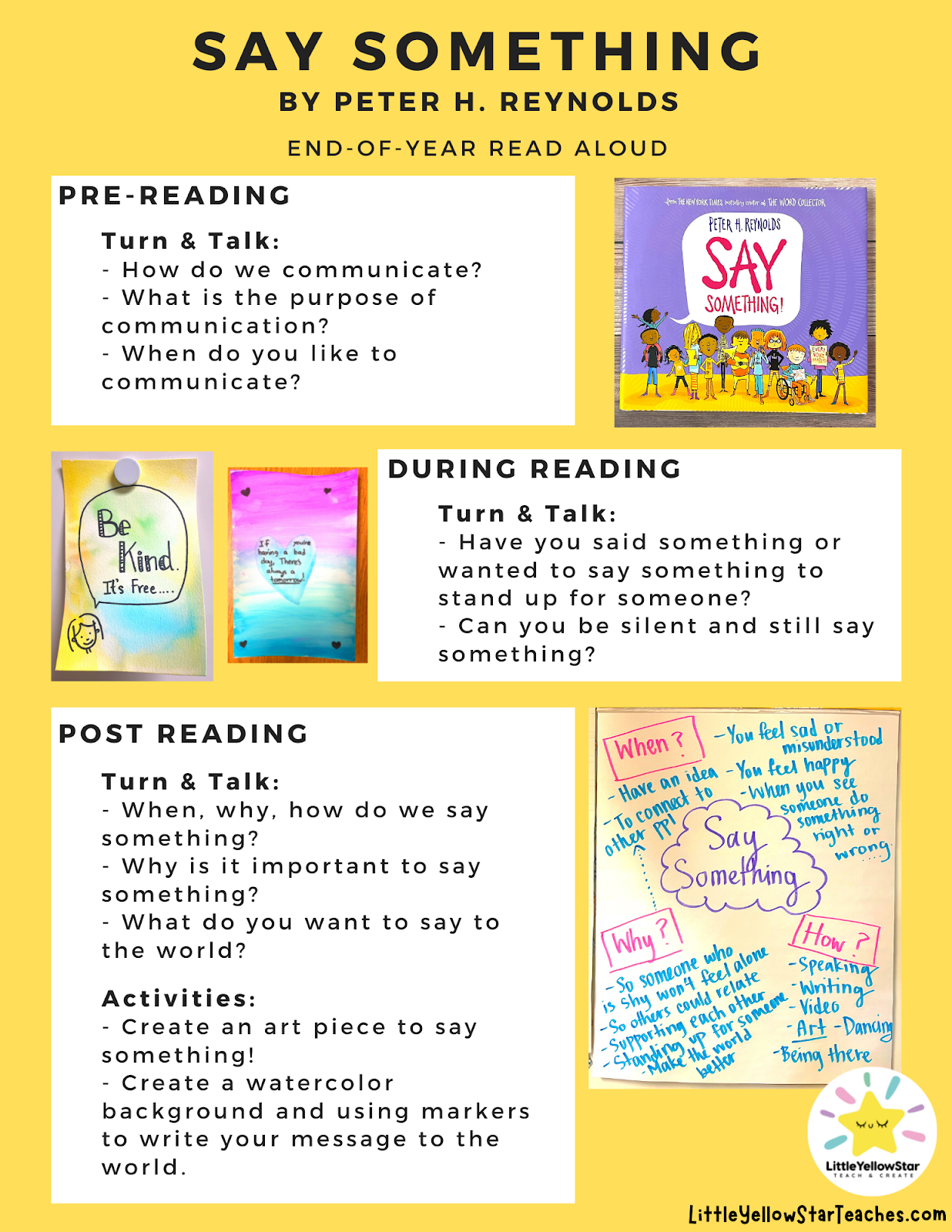 End of year read aloud book - Say Something by Peter H Reynolds. This is the perfect end of year read aloud book for the classroom! Pin this image to come back to the blog for details on this end of year read aloud lesson plan.