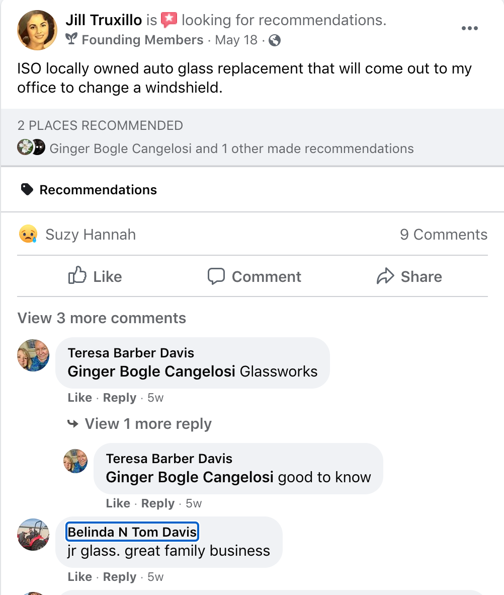 Image of a Facebook user recommending a business to another user.