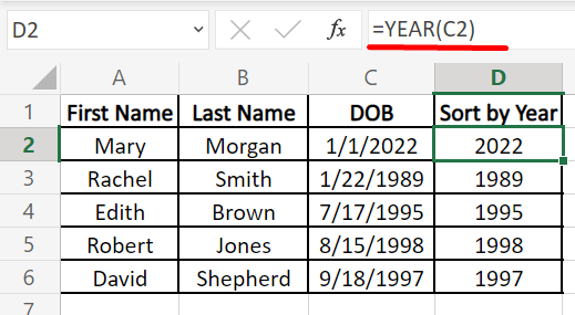 Use the YEAR function to extract the Years from the dates