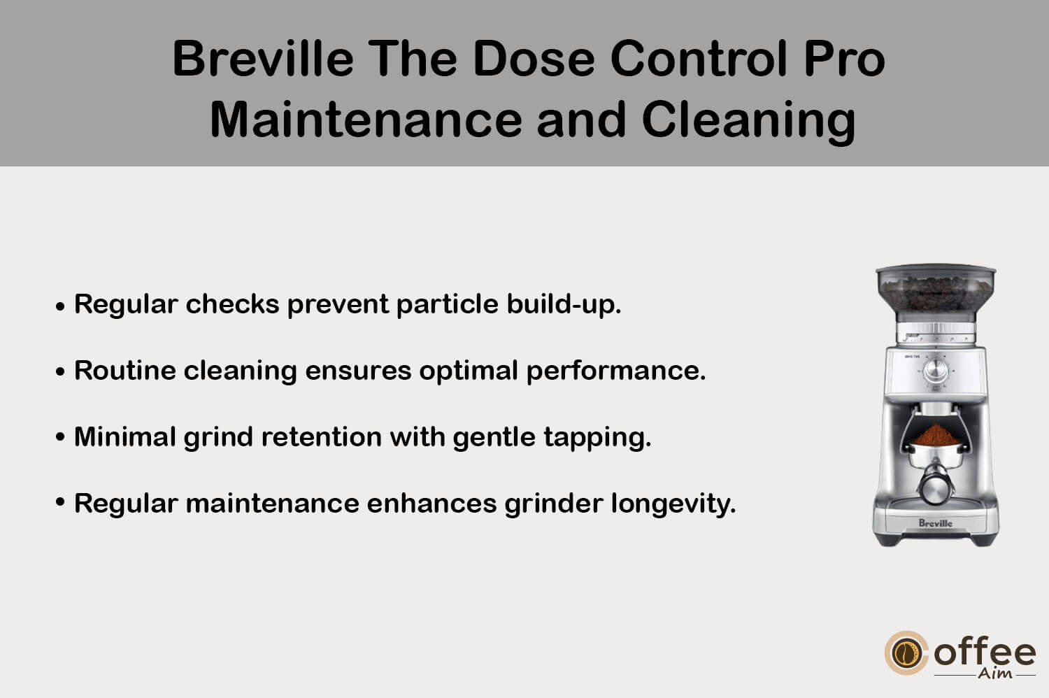 This visual presentation illustrates the meticulous maintenance and cleaning regimen essential for upkeeping the impeccable performance of the "Breville The Dose Control Pro" coffee grinder, as featured within the comprehensive article titled "Breville The Dose Control Pro Review."