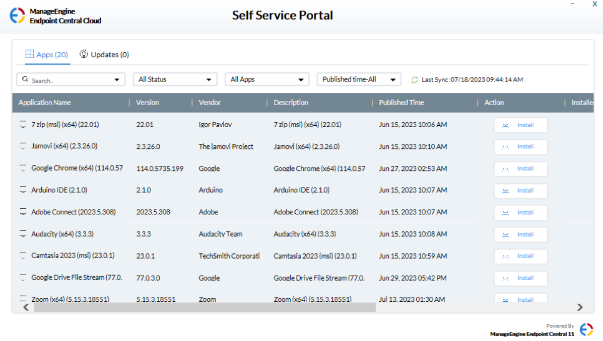 Manage Engine Self Service Portal home screen