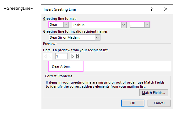 Inserting a greeting line Inserting a greeting line