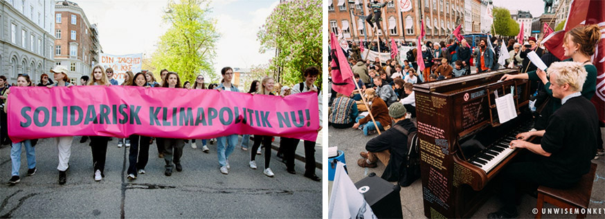 Left: protestors march down street behind banner. Right: blone man plays piano in front of crowd
