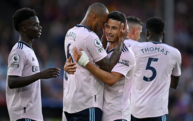 Arsenal players celebrate Gabriel Martinelli's opening goal against Palace.