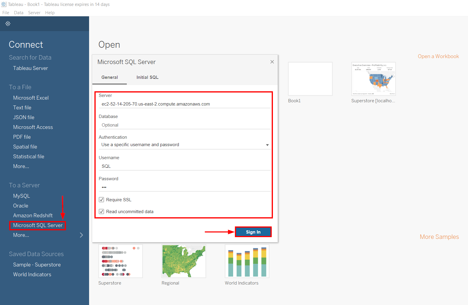 Open Microsoft SQL Server Page