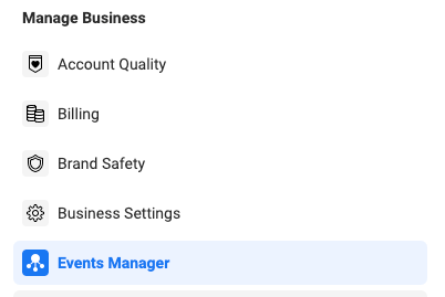 Screenshot of the Events Manager selection on the Business Tools menu of Facebook Ads Manager