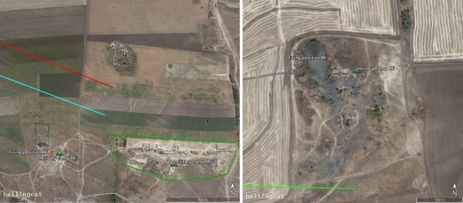 Firing position 1 and military camp (left) and Firing position 2 and military camp (right) Both Google Earth satellite images from 08/08/2014