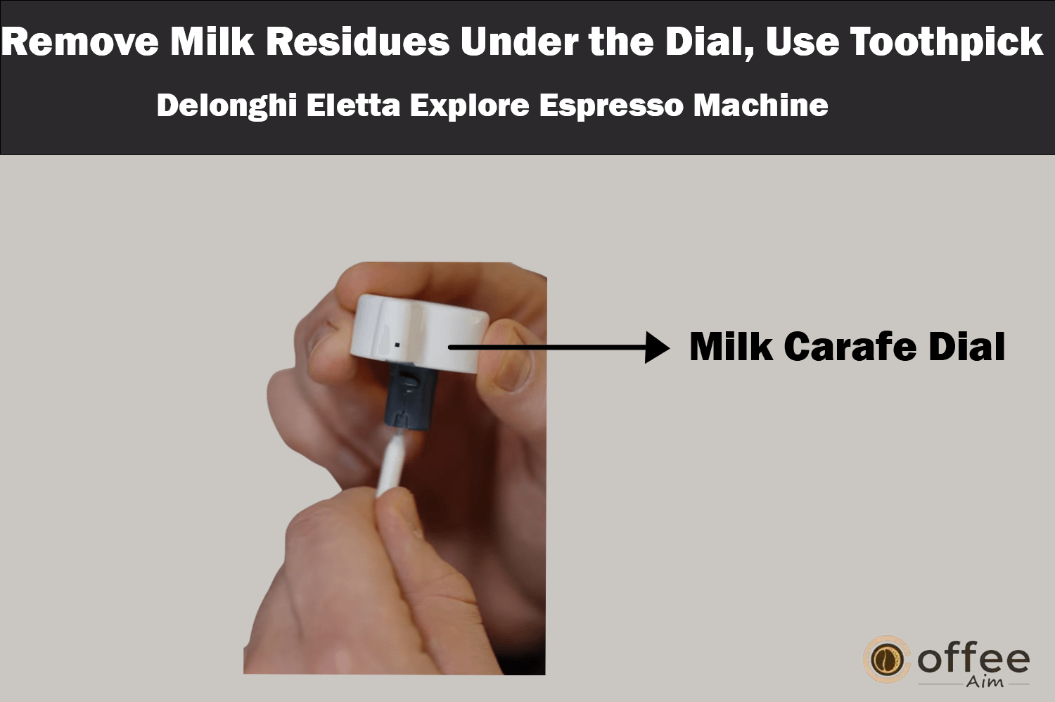 The image illustrates the step of removing milk residue from under the dial using a toothpick for the "Delonghi Eletta Explore Espresso Machine," as outlined in the article "How to Use the Delonghi Eletta Explore Espresso Machine."