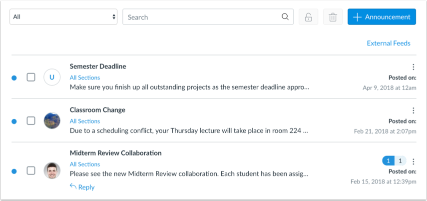 Screenshot of the bCourses Announcements page.
