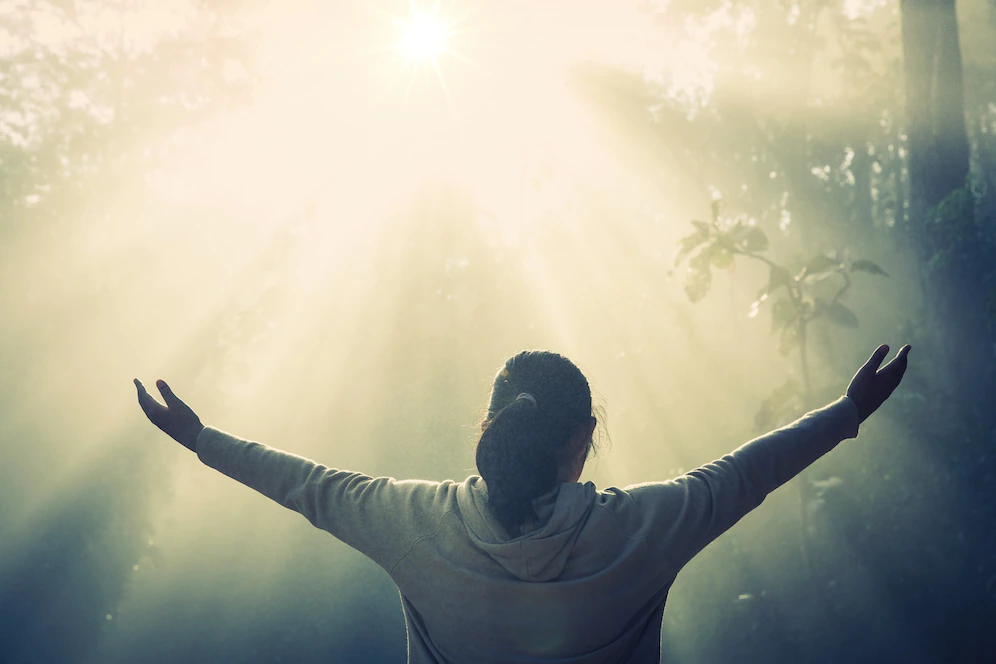 High on life: woman embracing the sunlight in a forested area  