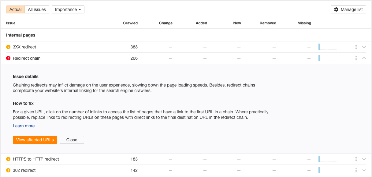 redirect errors report in ahrefs