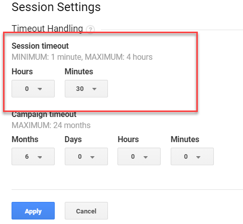 Screenshot of Google Analytics settings to change the session timeout. 