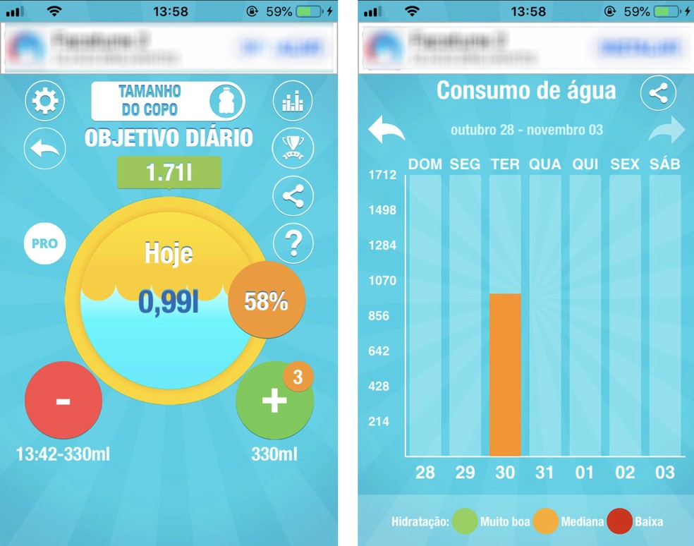 Aqualert tem gráfico de quanta água foi ingerida nos últimos dias — Foto: Reprodução/Rodrigo Fernandes