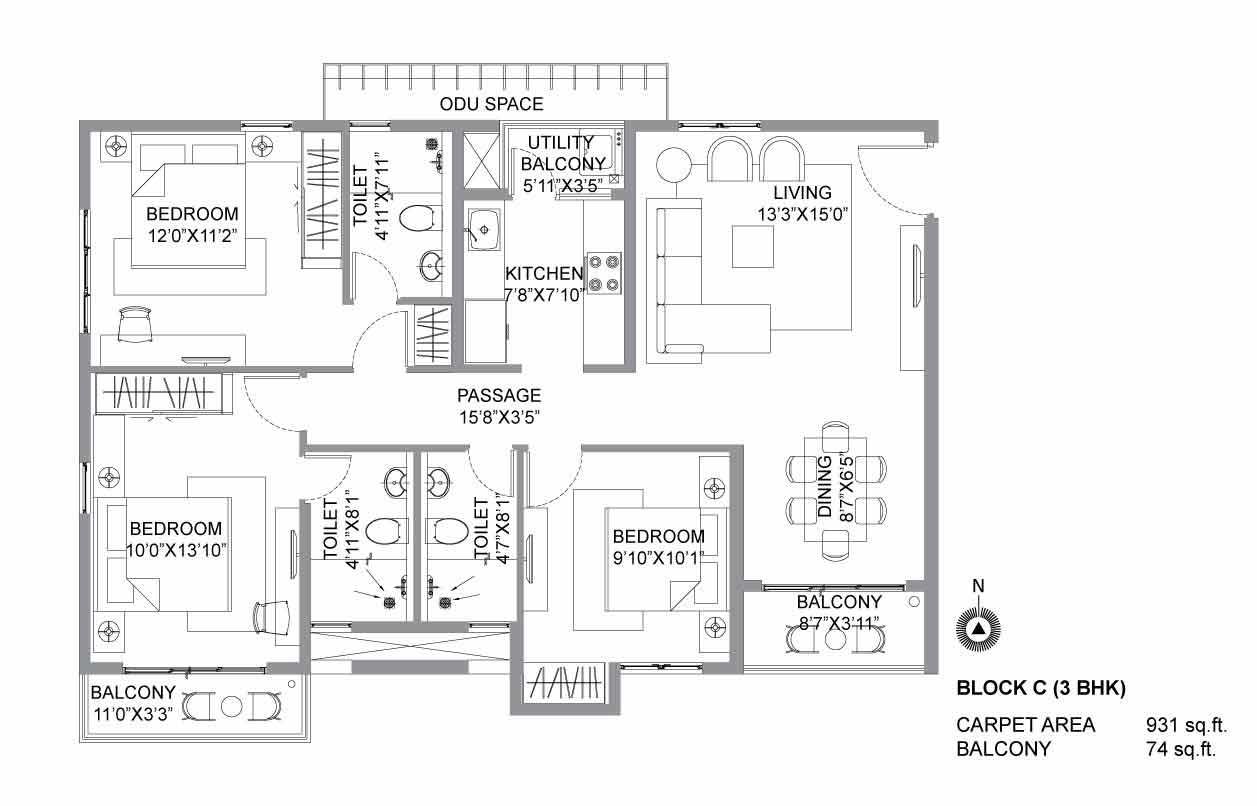 apartment floor design | 3 bhk flat floor plan