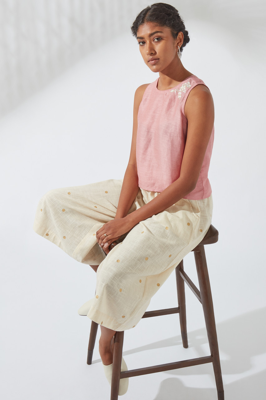 Pink embroidered Linen Silk top
