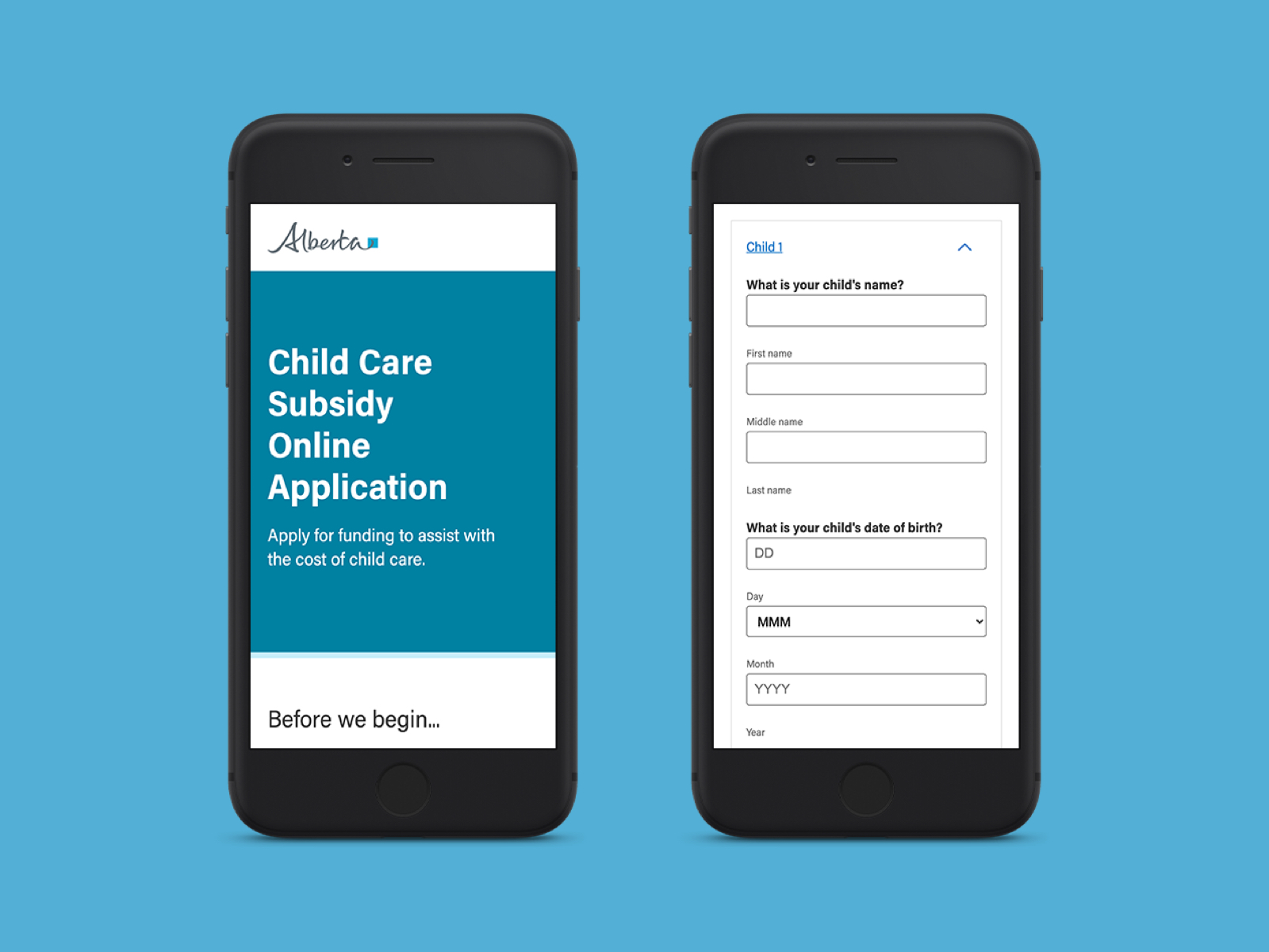 The new Alberta government digital child care certification application shown on an iPhone over a blue background