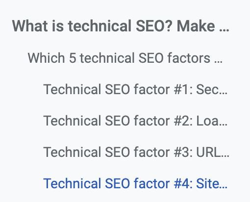 Screenshot of this article's table of content taken in Google Docs to show what my structure looks like.