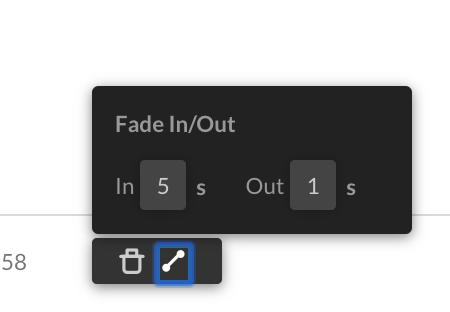 Image of fade in and fade out tool. Shows number of seconds in and out, and also option for deleting.