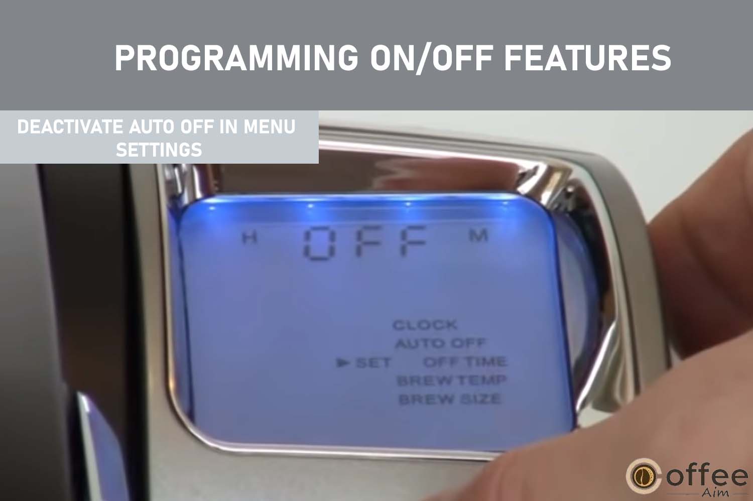 To deactivate the Auto Off function, access the "AUTO OFF" programming mode via the MENU Button. Press the Left Button under the flashing "H" repeatedly until "OFF" is displayed, indicating successful cancellation.