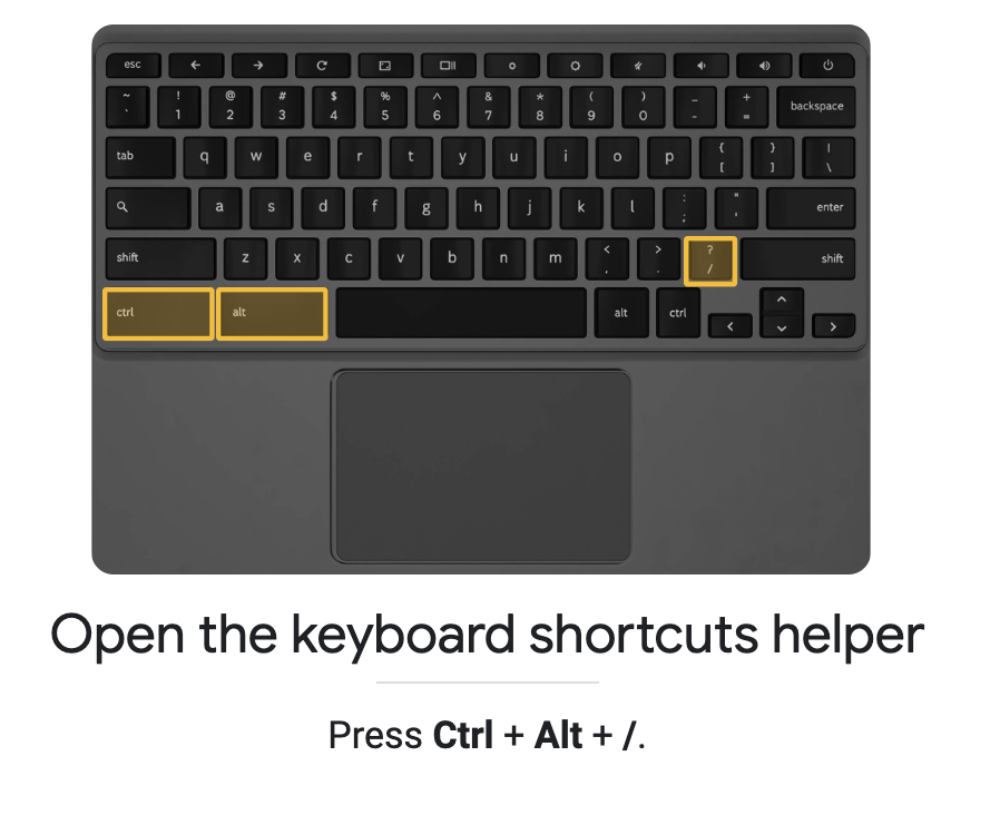 Open the keyboard shortcuts helper with the control, alt, and forward slash button.