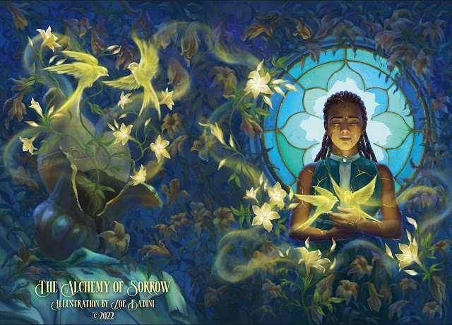 The cover illustration for The Alchemy of Sorrow. Image description: to the right of the image (the front cover) a woman of color stands before a broken stained glass window. Her body is riddled with glowing golden cracks. A pair of similarly glowing swallows flitter above her hands, held at chest level. She is surrounded by dead vines that curl around the window as well--here and there, a few glowing golden flowers are blooming. To the left of the image (the back cover), a pair of glowing swallows face each other in midair, framed by a few glowing flowers. The rest of the cover shows dead vines and a sense of decay, including a broken ewer.