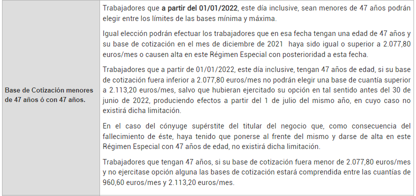 Base de Cotización menores de 47 años ó con 47 años