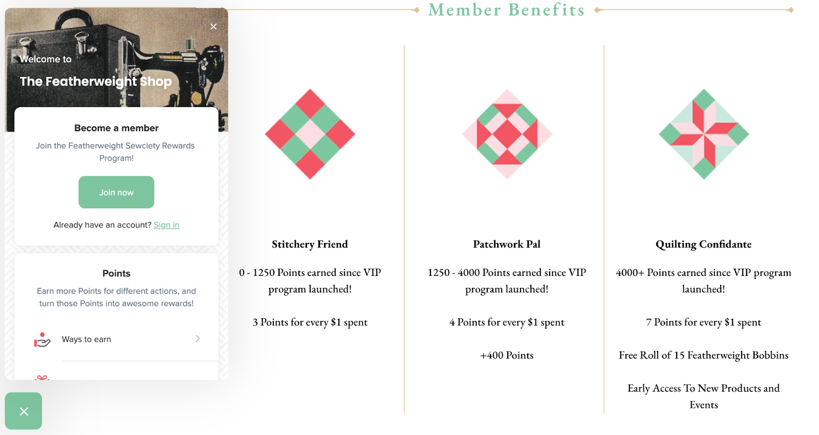 A screenshot of The Singer Featherweight Shop’s rewards program explainer page showing its 3 product-inspired VIP tiers and their benefits. 