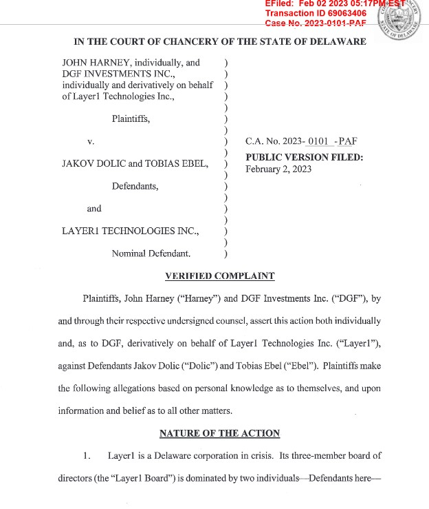 Harney and DGF Investments’ court filing in the Delaware court. Source. Bloomberg Law.