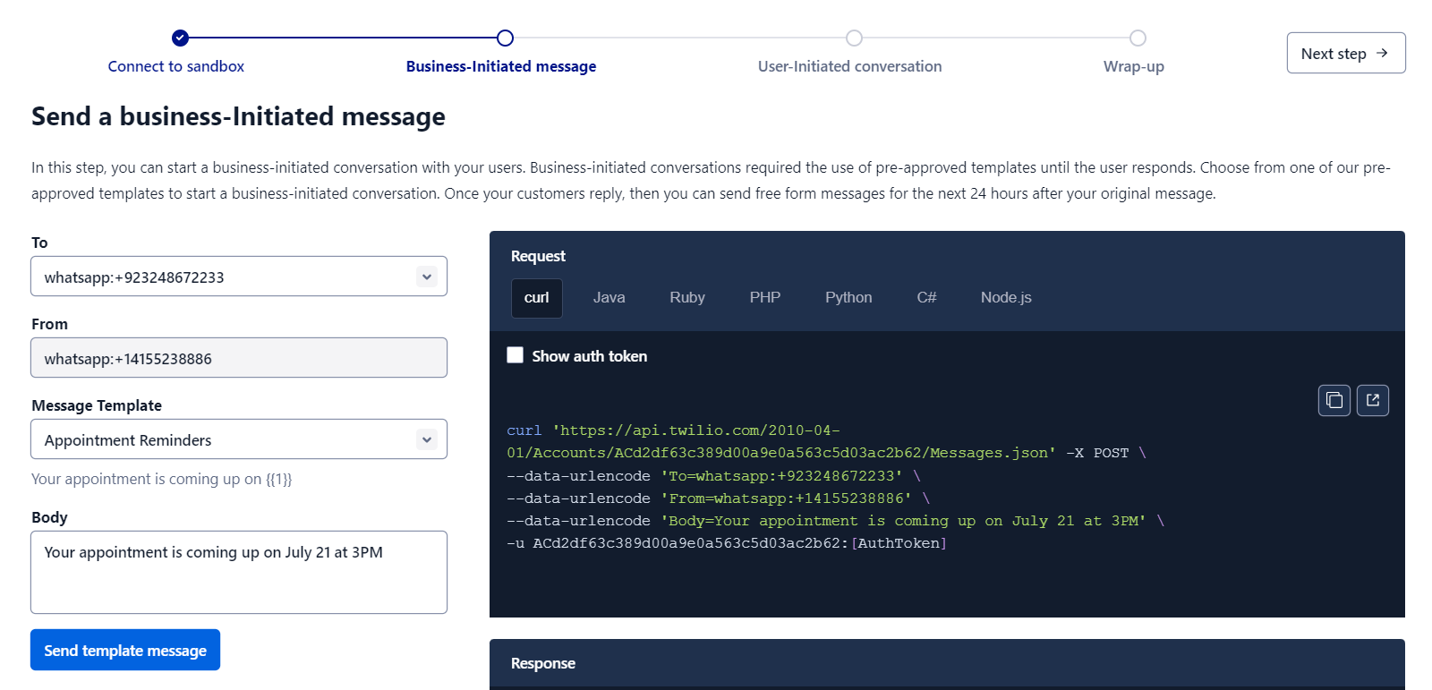 Bulk whatsapp sender| Twilio business initiated message interface with code sample