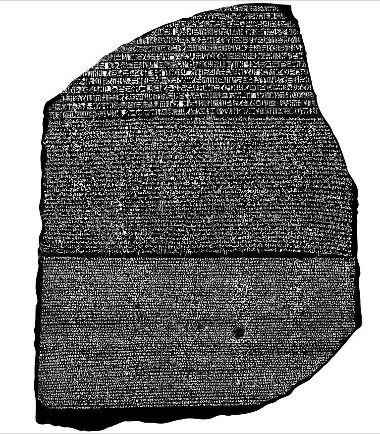 The Rosetta stone, a large carved stone face with writing in three ancient languages.