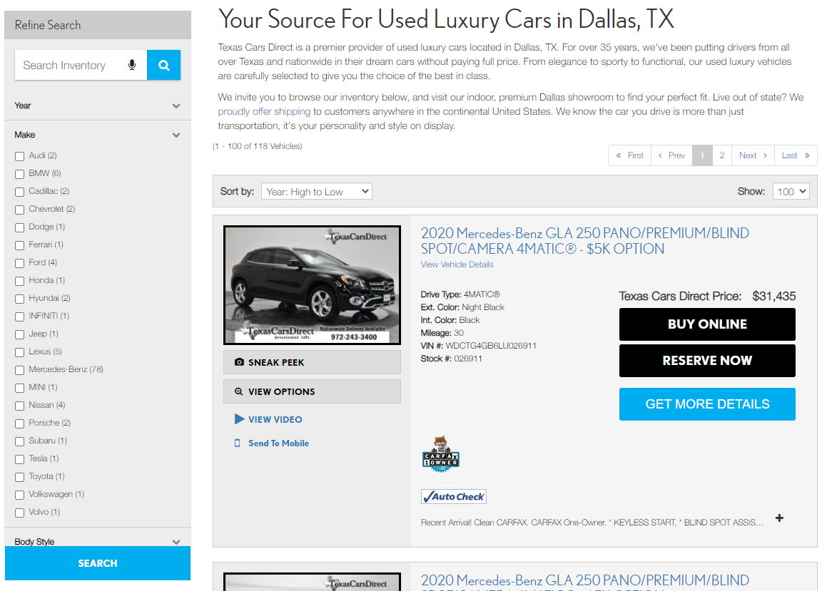 Screenshot of Texas Cars Direct homepage