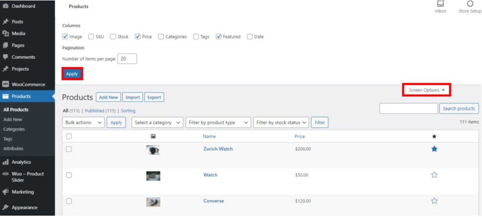 Enabling the featured column in the Dashboard