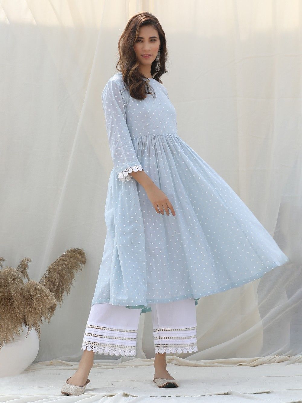 the loom - Sky Blue Polka Printed Cotton Kurta