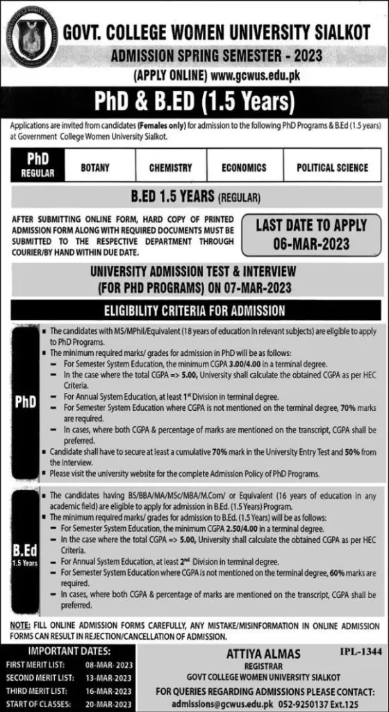 Admissions - Government College Women University BS & PH.D. Program Admission 2023