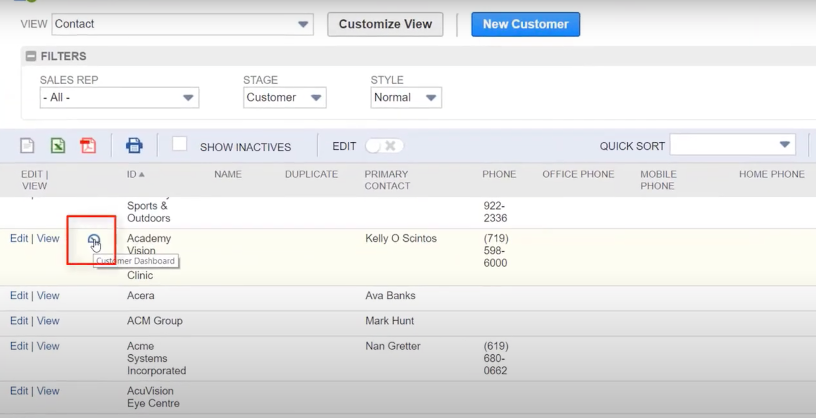 Accessing a customer's record in NetSuite by hovering over their business name within the customer list. 