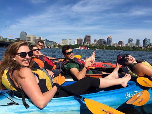 go kayaking or canoeing for a corporate team-building activity