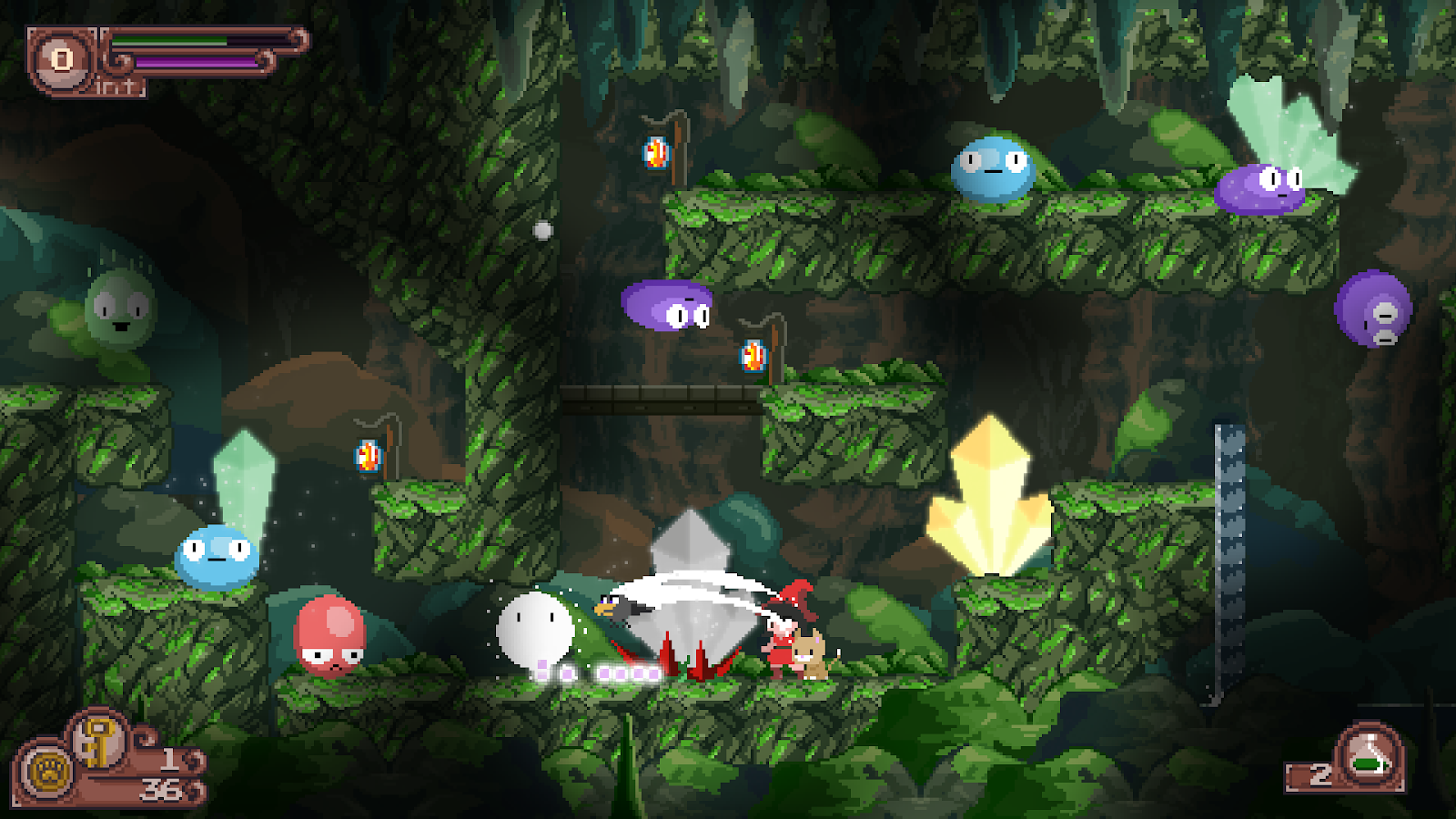 A screenshot showing a crystal filled cavern, full of enemies.