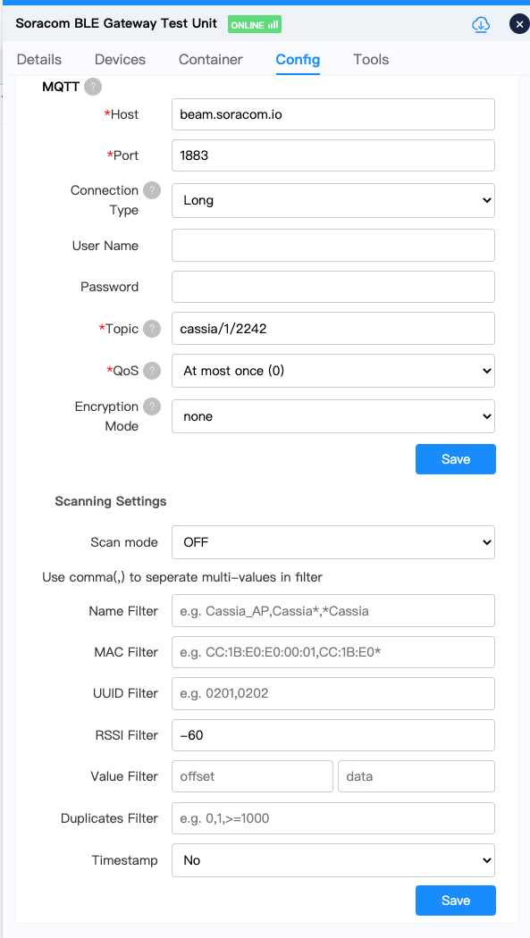 Soracom Beam, Cassia BLE Gateway, Demo screenshot