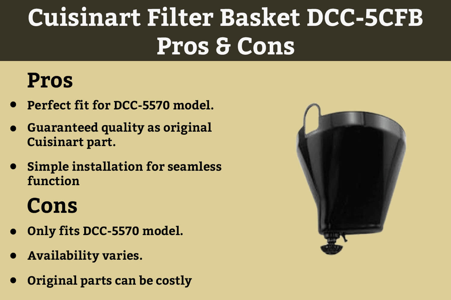 This image succinctly delineates the advantages and disadvantages of the "DCC-5CFB," providing a comprehensive overview within the context of our thorough Cuisinart Filter Basket review.