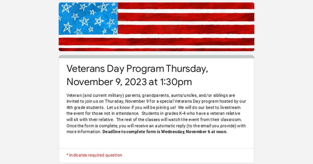 Veterans Day Program Thursday, November 9, 2023 at 1:30pm