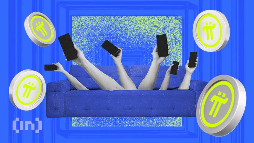 Man sieht eine Couch aus der ein halbes Dutzend Hände reichen, die je ein Smartphone hochhalten. Um die Couch herum schweben Pi-Token - Ein Bild von BeInCrypto.com.