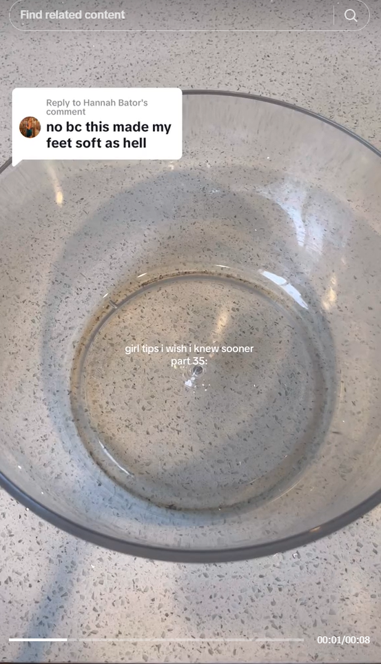 A screenshot of a social media post showing a bowl and a comment saying "no bc this made my feet soft as hell"