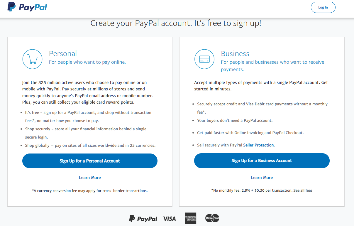 print screen of PayPal payment gateway account creation page