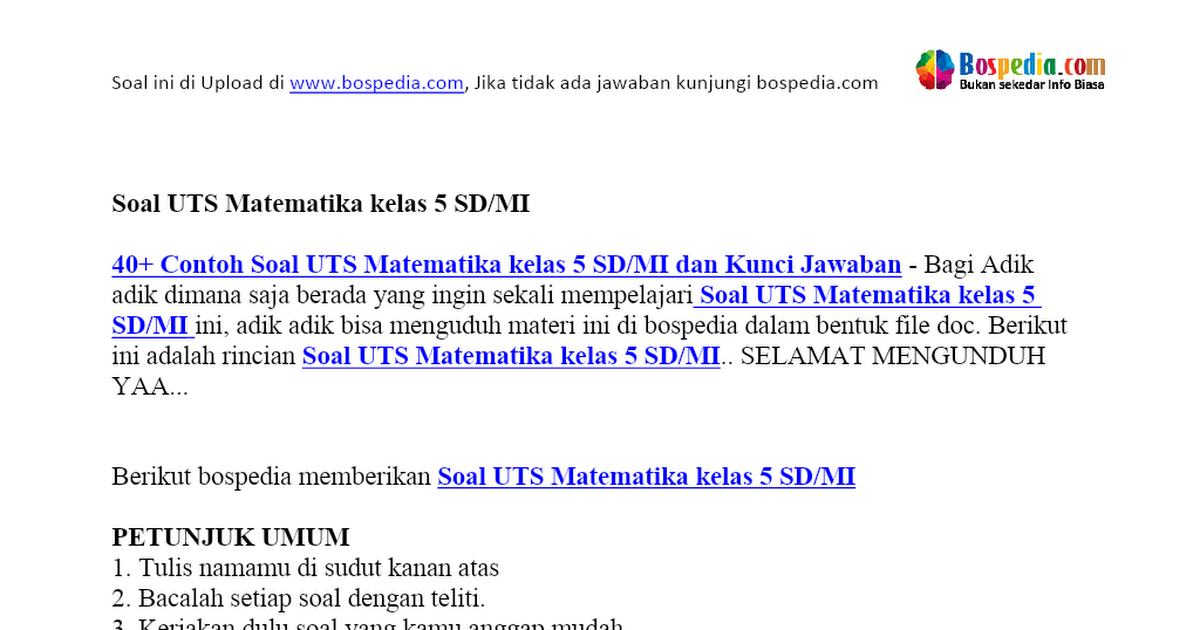 40 Contoh Soal Uts Matematika Kelas 5 Sd Mi Dan Kunci Jawaban