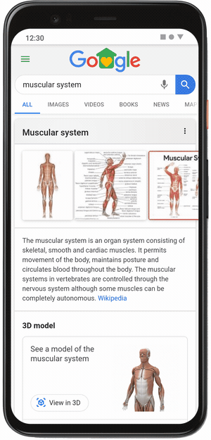 3 pantallas de teléfono móvil con vistas en 3D. La primera muestra el sistema muscular humano.