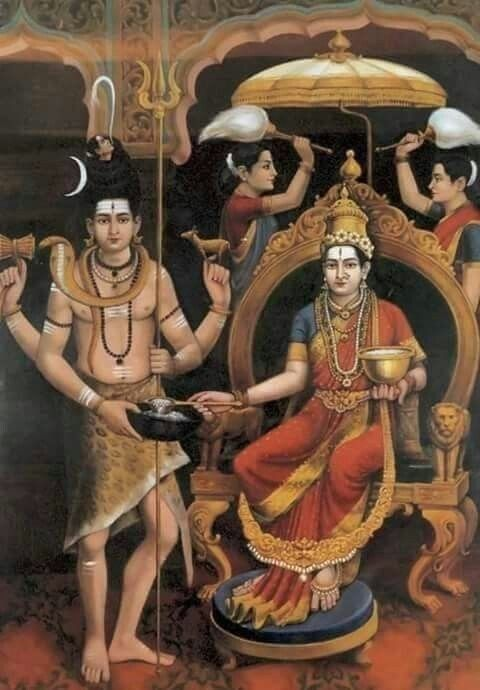 This image depicts Annapurna sitting on a throne with one hand holding a bowl of white rice, and the other holding a spoon which she pours something from into the bowl of the man standing in front of her. Her feet rest on a foot stool, and in the background two women wave feathered fans.  