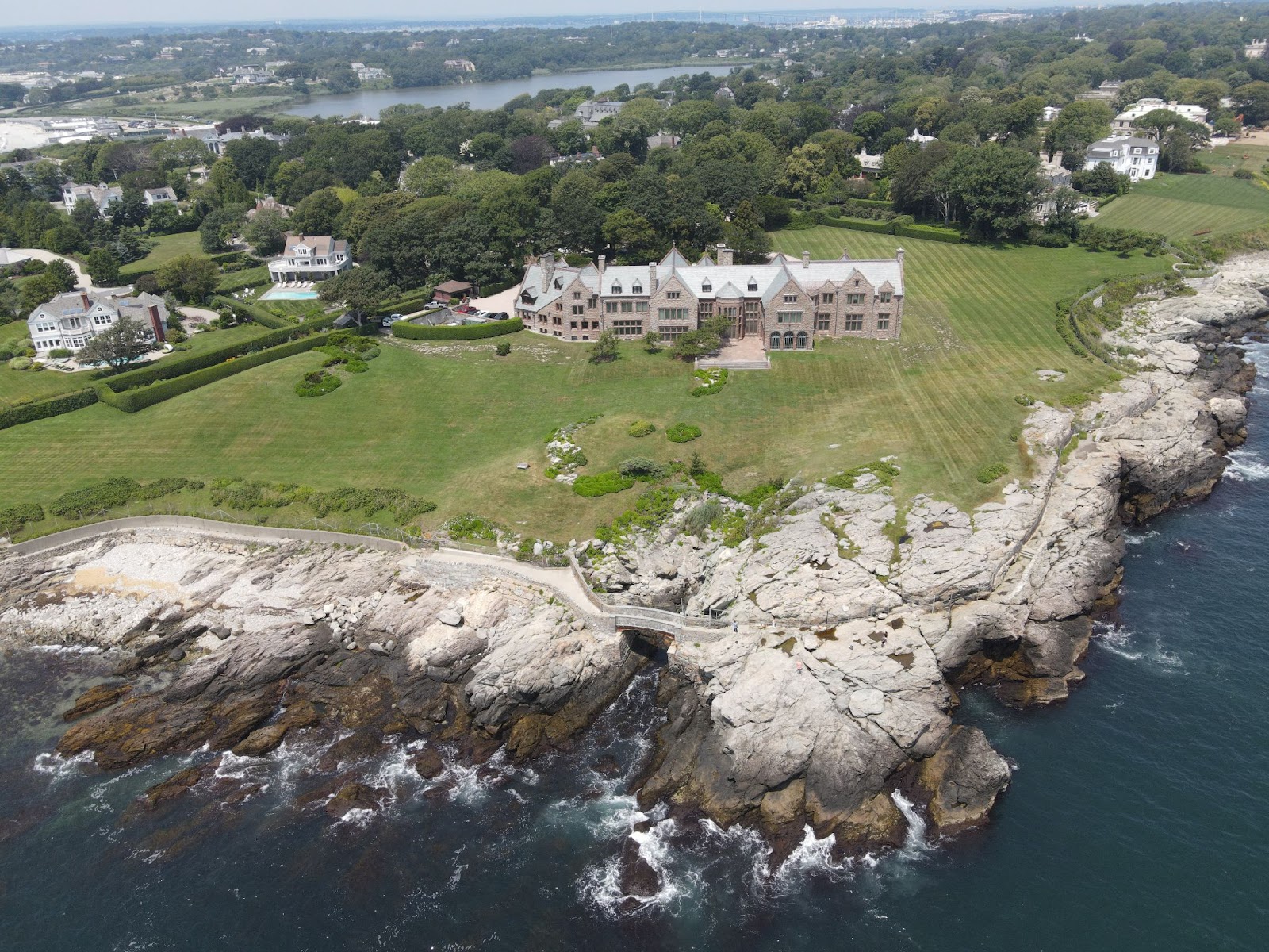 Aerial drone media of the exterior of Rough Point Museum