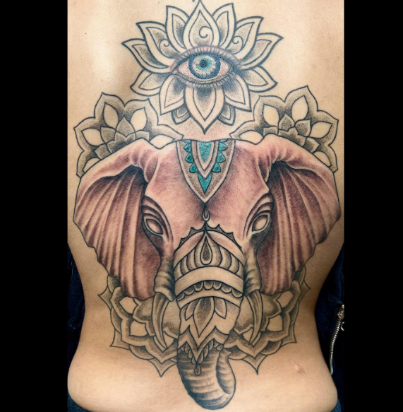 Elephant Floral Evil Eye Tattoo